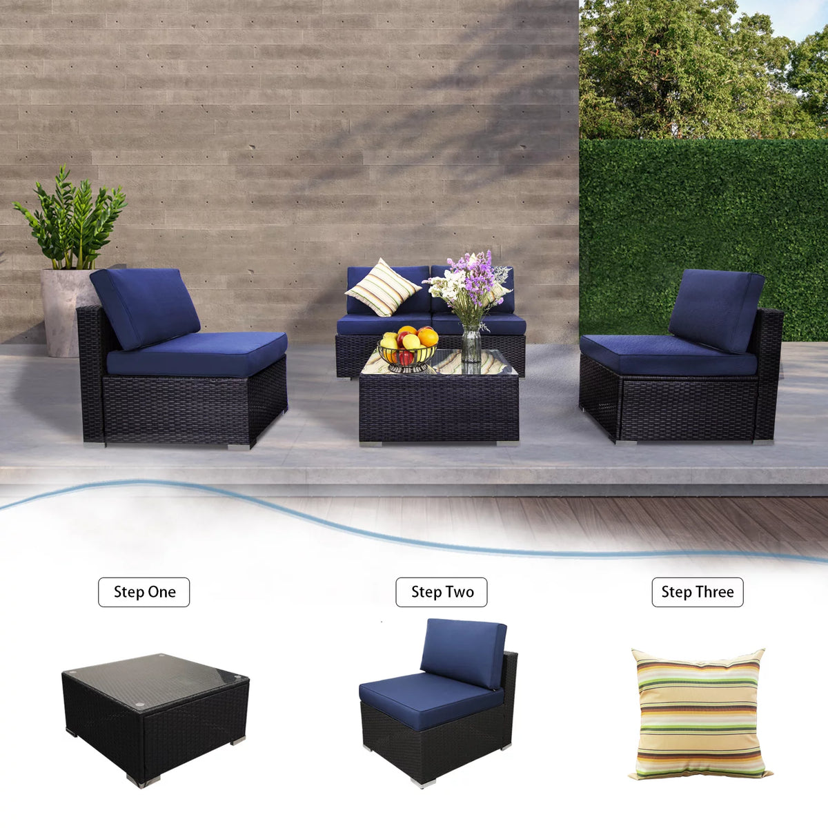 Blue 5 Piece Outdoor Wicker Sofa Set with Coffee Table V363366