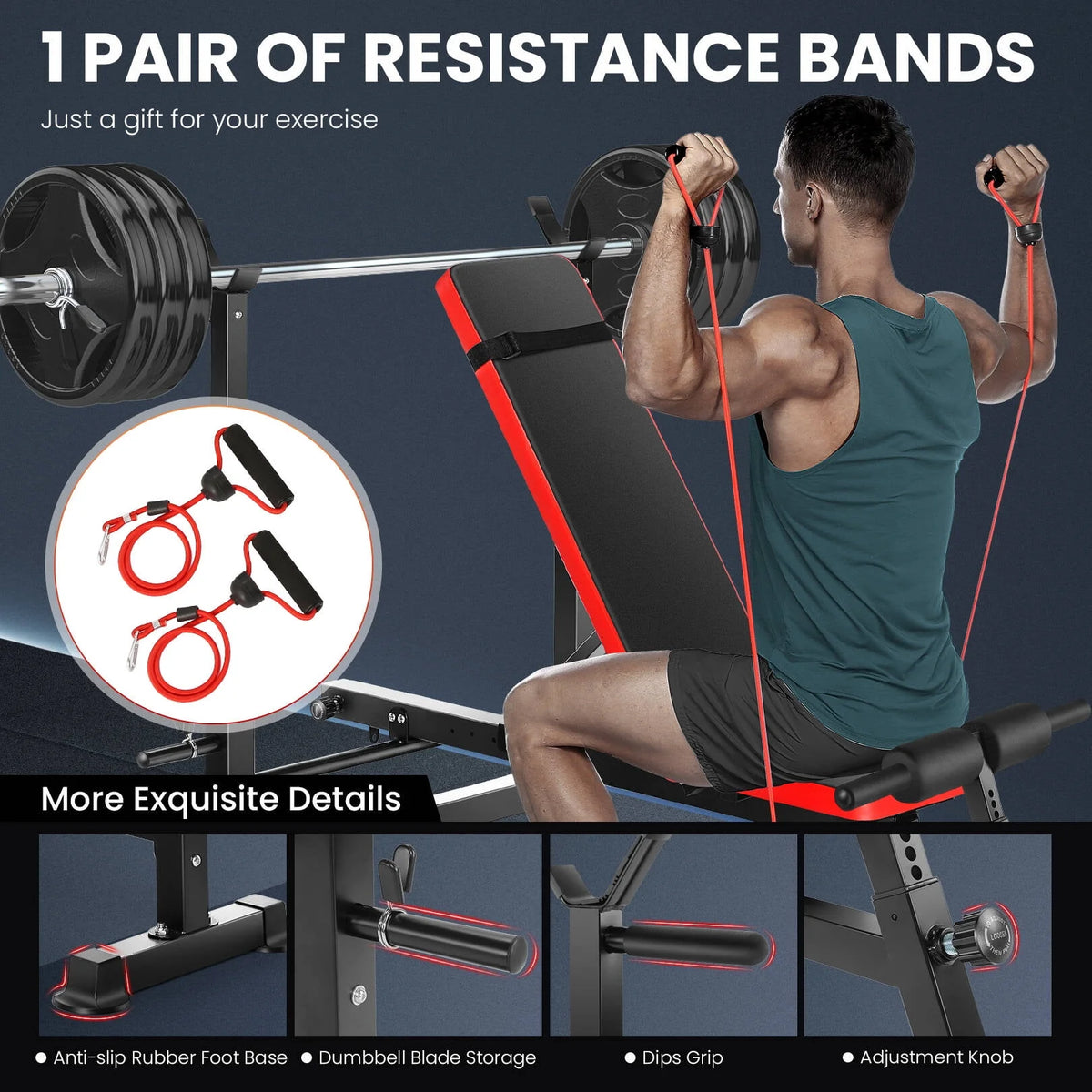 Adjustable Weight Bench Set with Barbell Rack and Resistance Bands Y899861