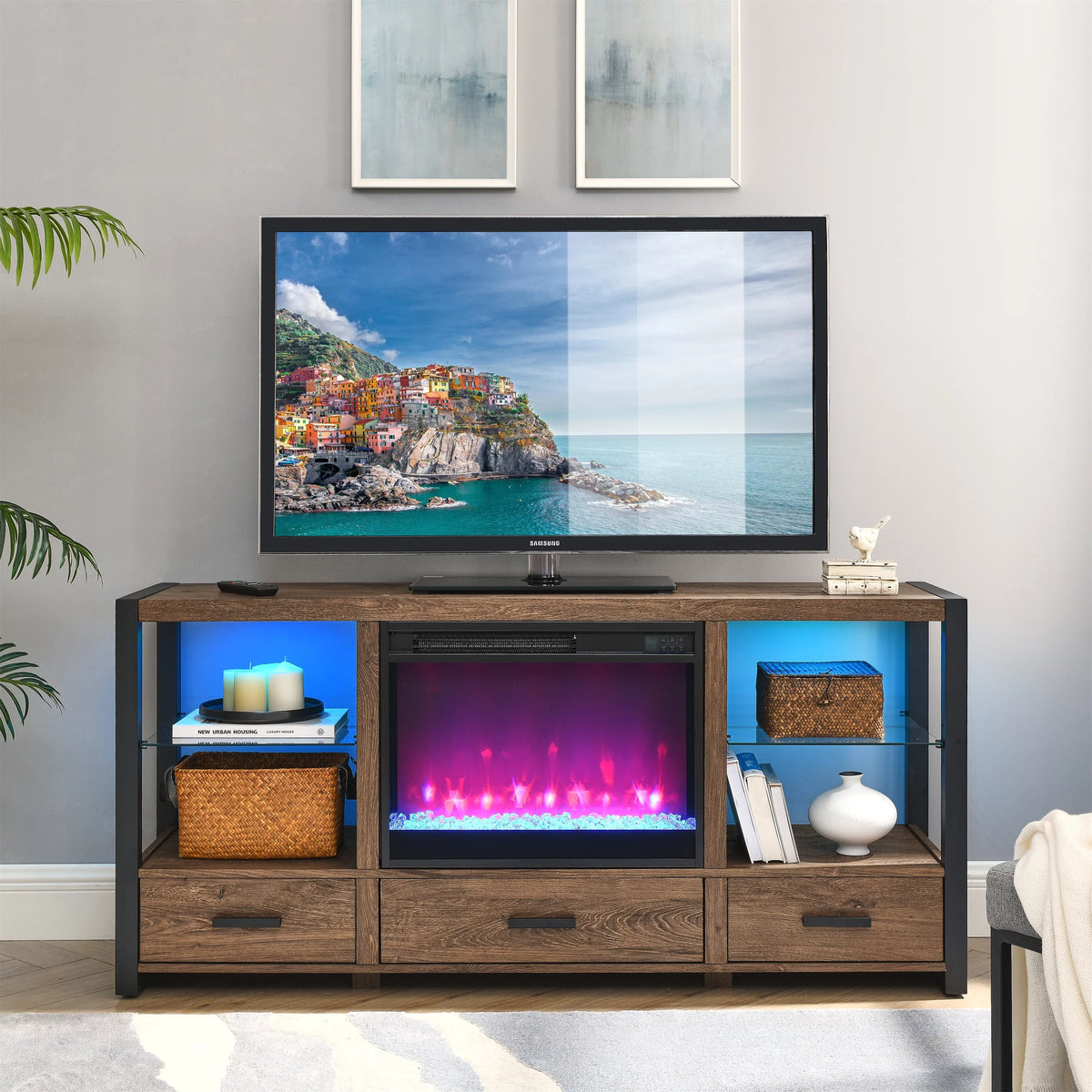 Brown Electric Fireplace TV Stand with 3 Drawers Y8106