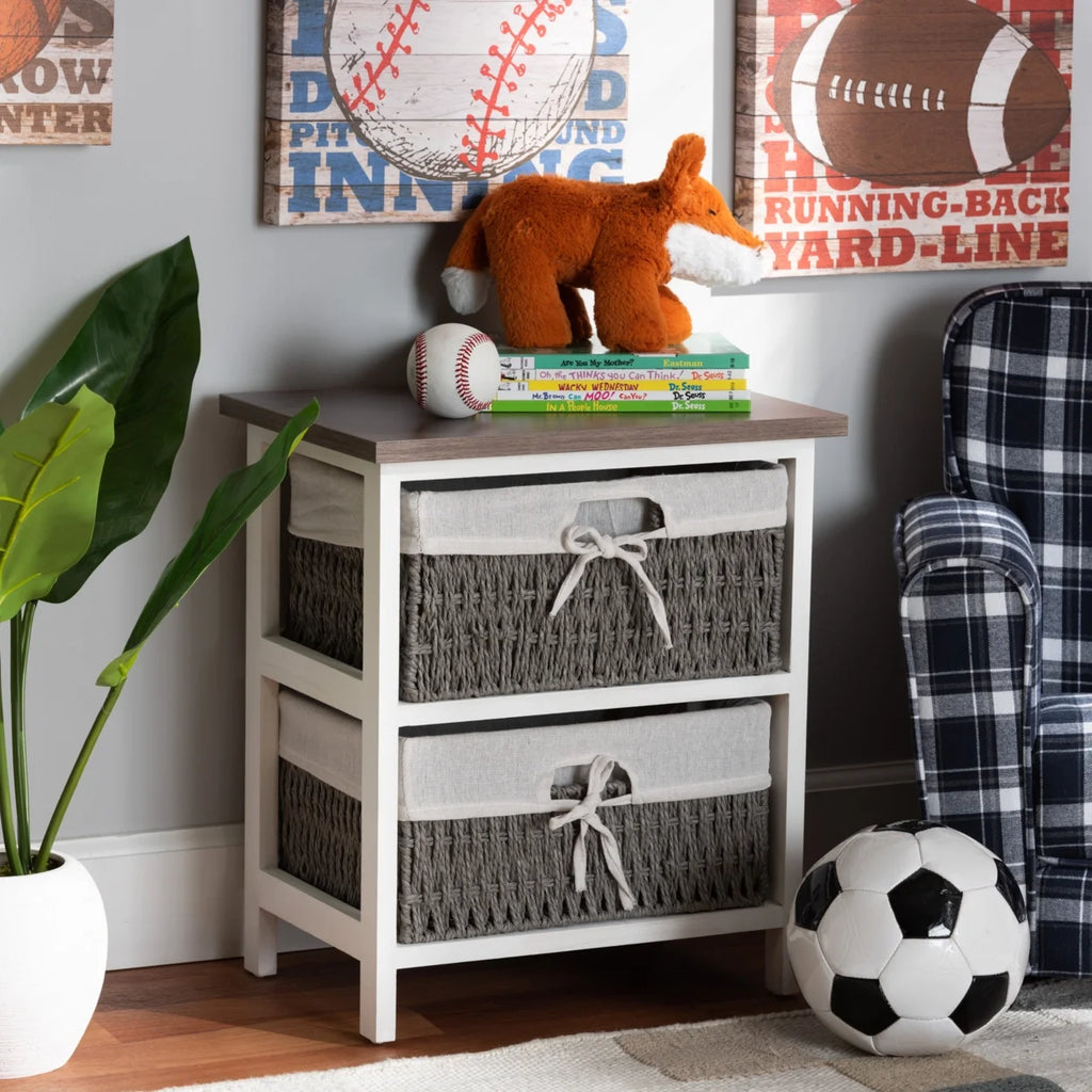 Walnut Brown and White Wood 2-Basket Storage Unit D521